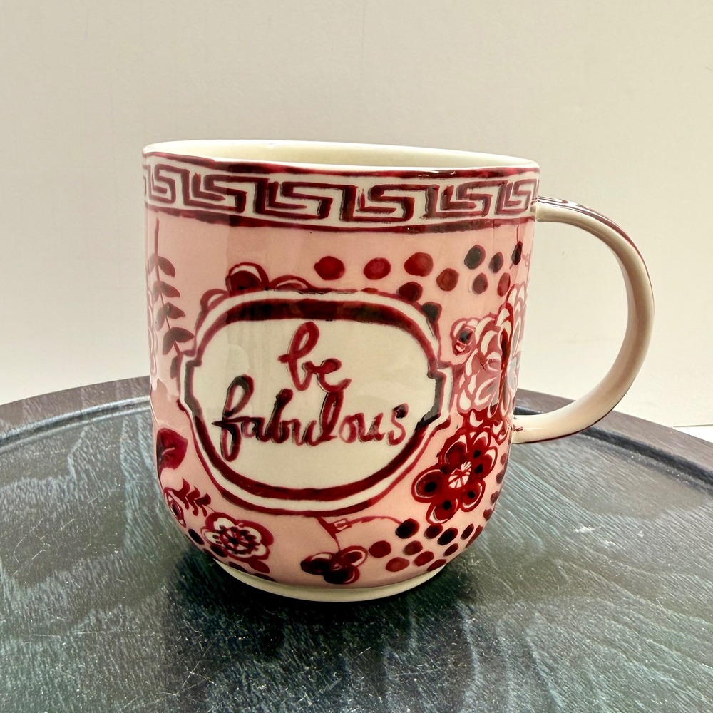 Anthropologie Be Fabulous Pink Floral Greek Key Ceramic Coffee Mug Cup garden